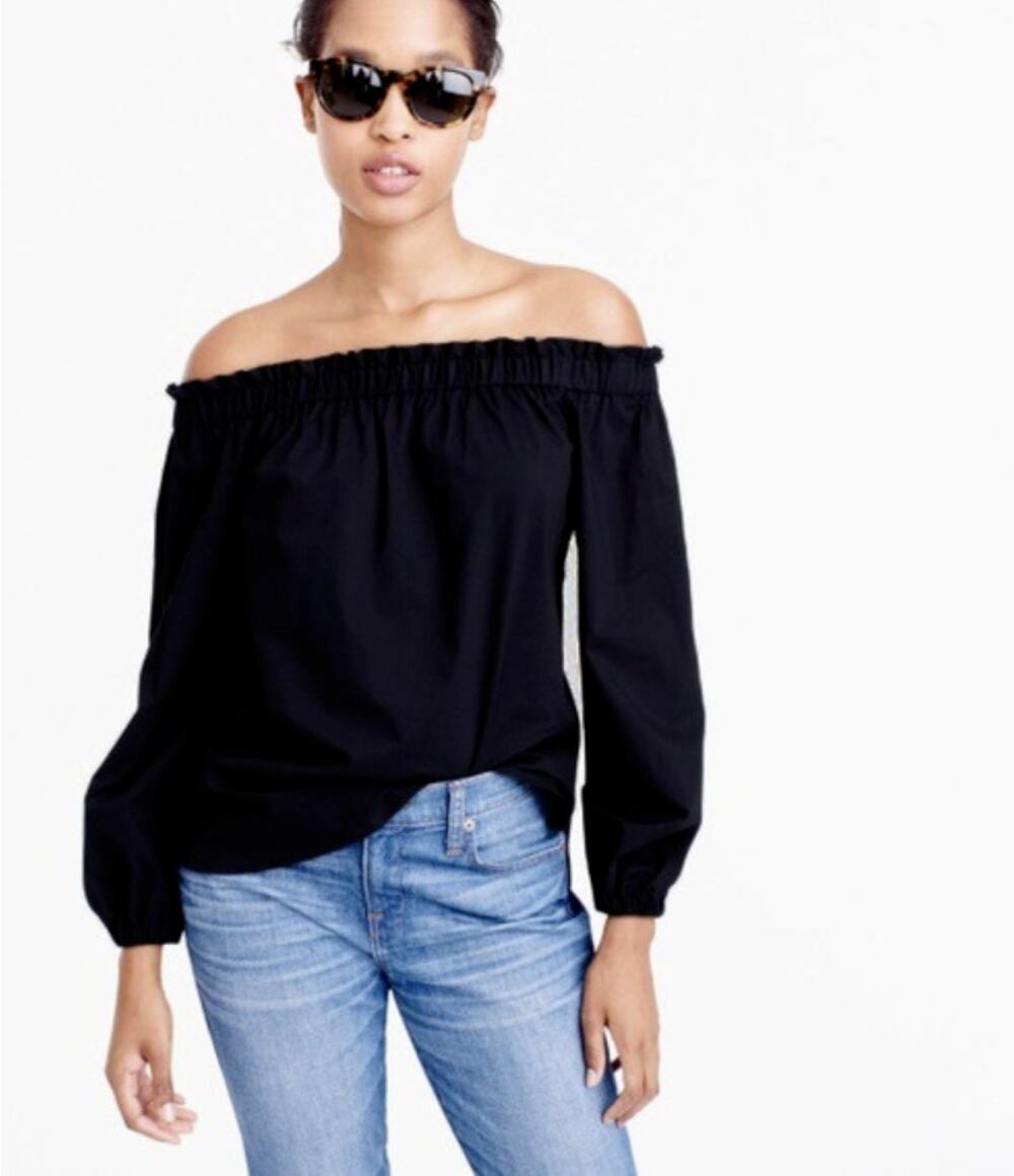 J Crew Black Off The Shoulder 100% Cotton Lightweight Blouse Long Sleeve Size 0